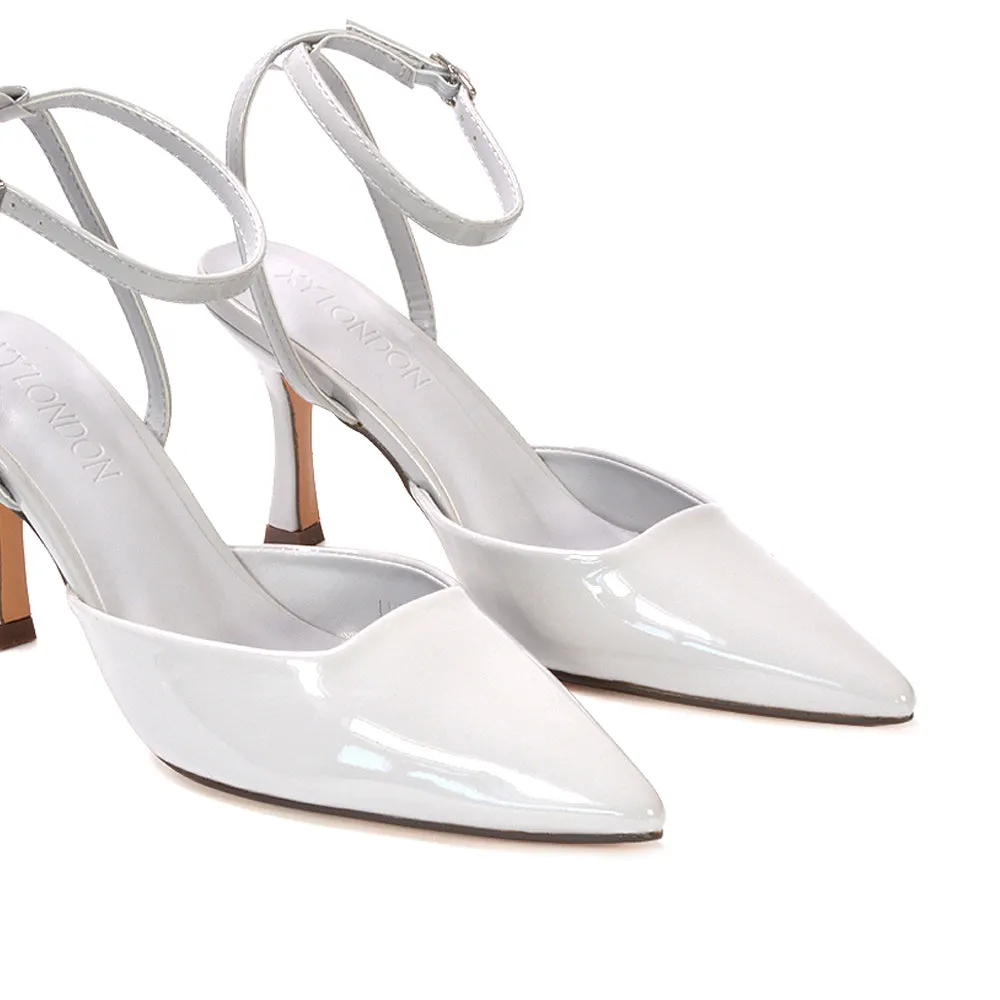 Tori  Point Toe High Heel Stiletto Court Shoes With Ankle Strap in Light Grey Patent