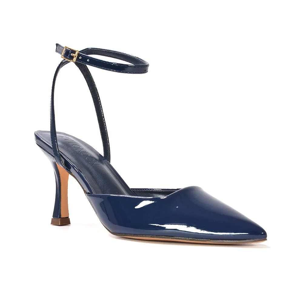 Tori  Point Toe High Heel Stiletto Court Shoes With Ankle Strap in Light Grey Patent