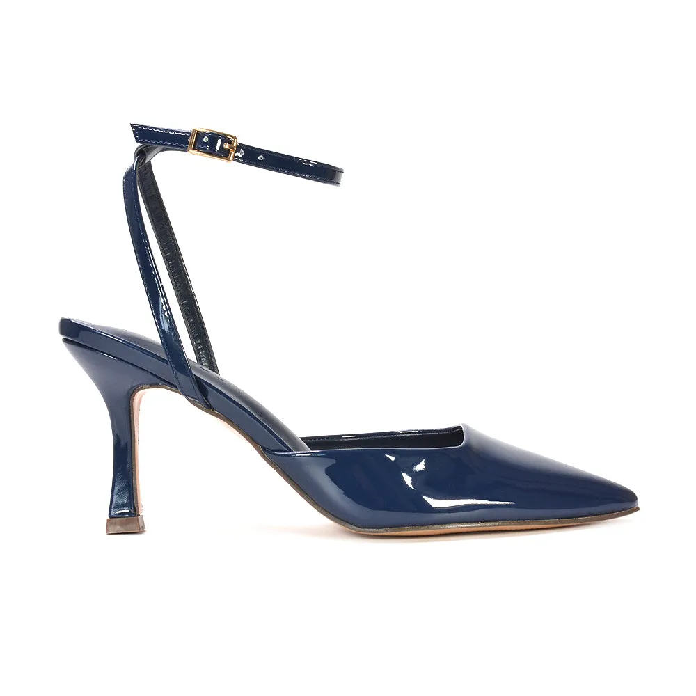 Tori  Point Toe High Heel Stiletto Court Shoes With Ankle Strap in Light Grey Patent