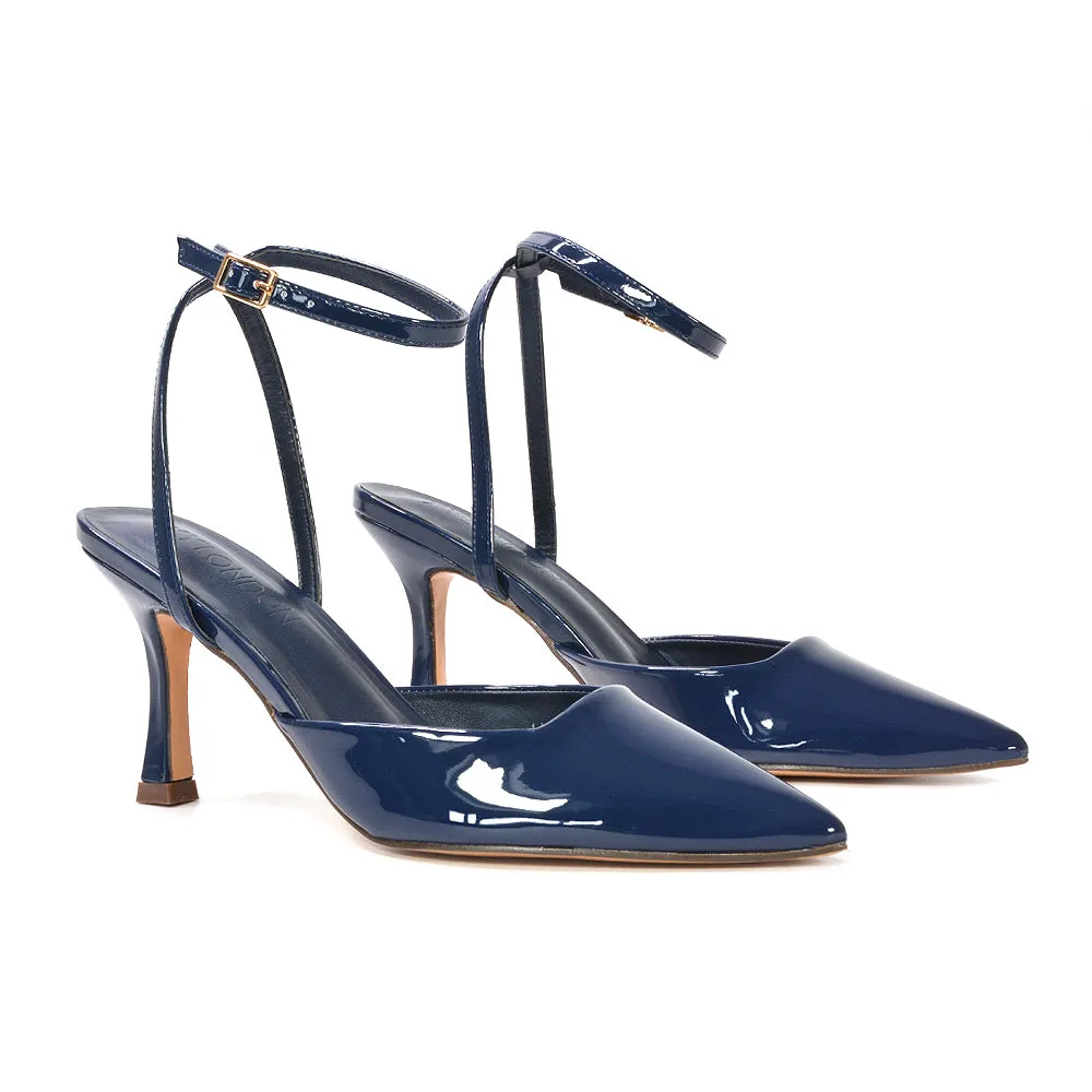 Tori  Point Toe High Heel Stiletto Court Shoes With Ankle Strap in Light Grey Patent