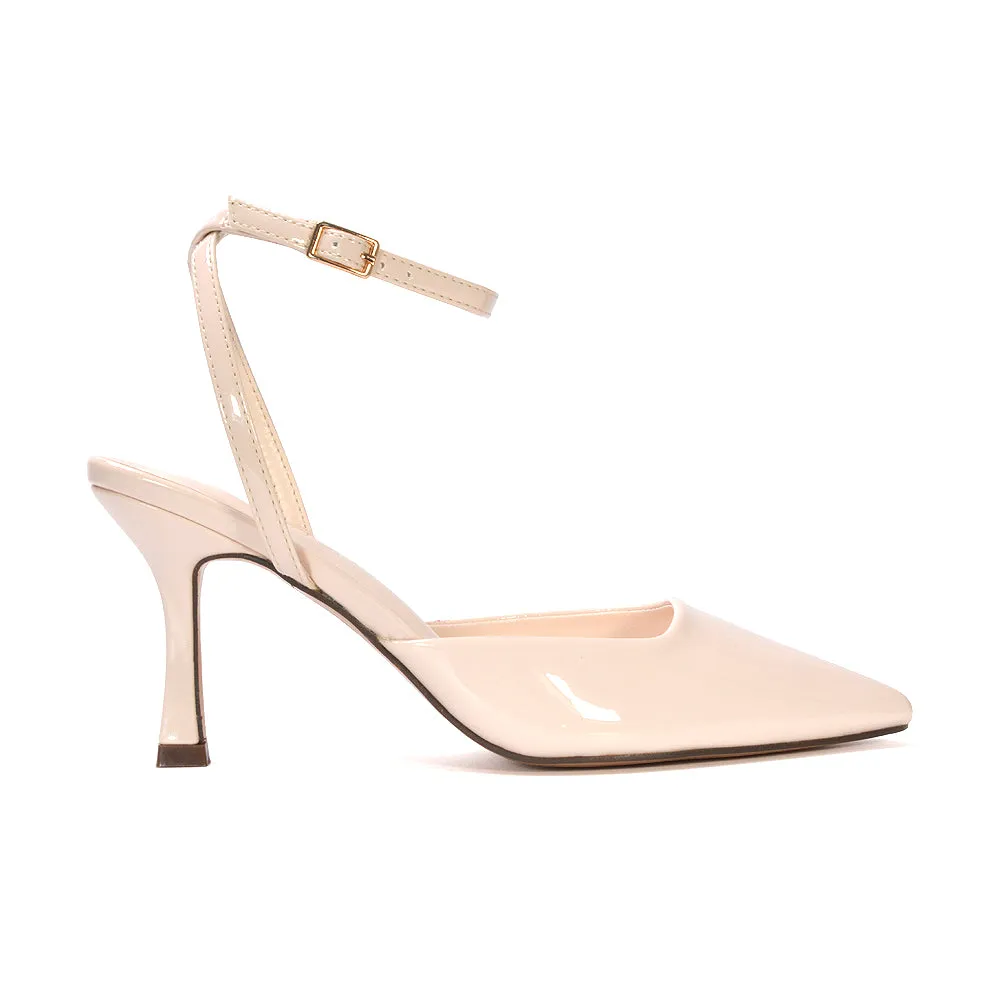 Tori  Point Toe High Heel Stiletto Court Shoes With Ankle Strap in Light Grey Patent