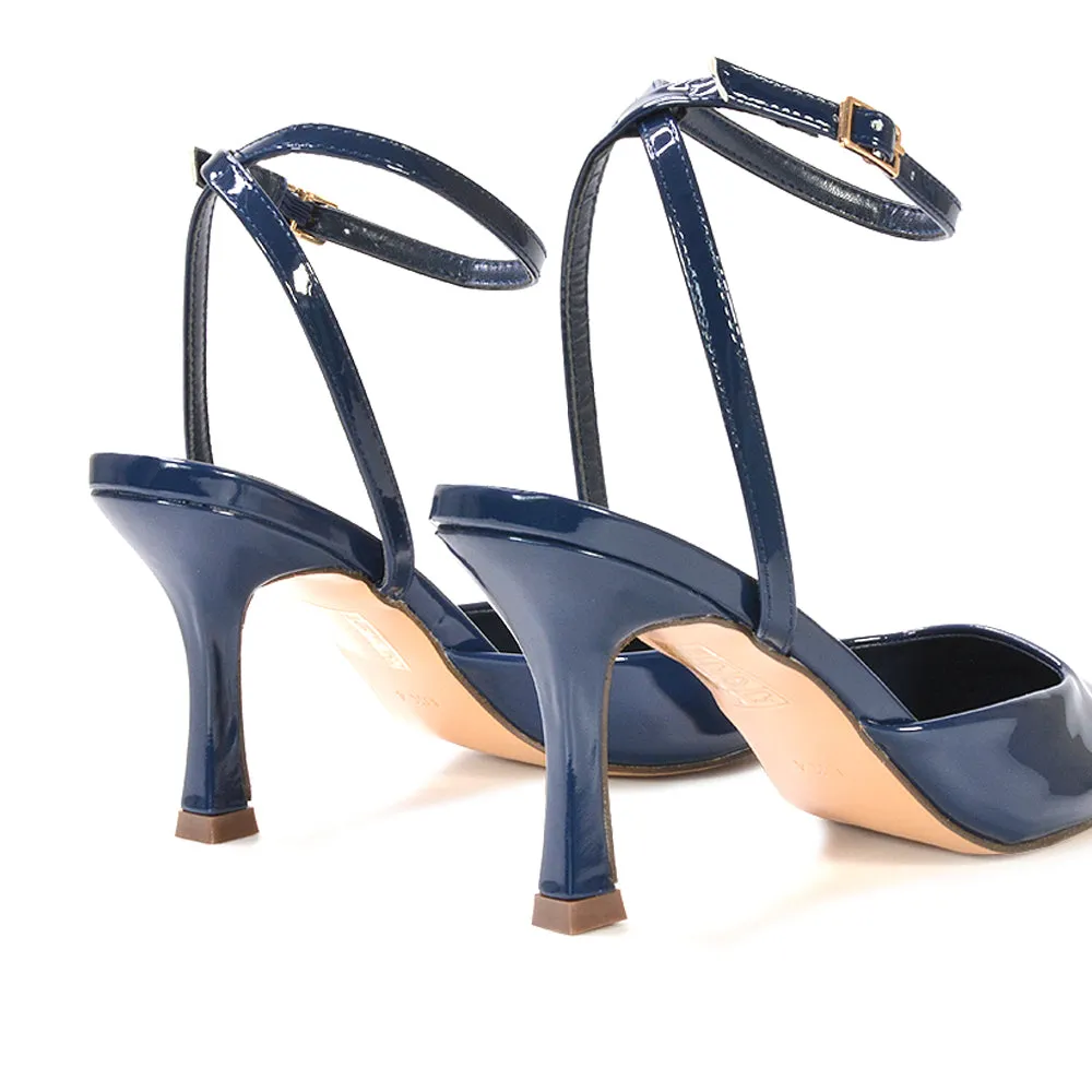 Tori  Point Toe High Heel Stiletto Court Shoes With Ankle Strap in Light Grey Patent