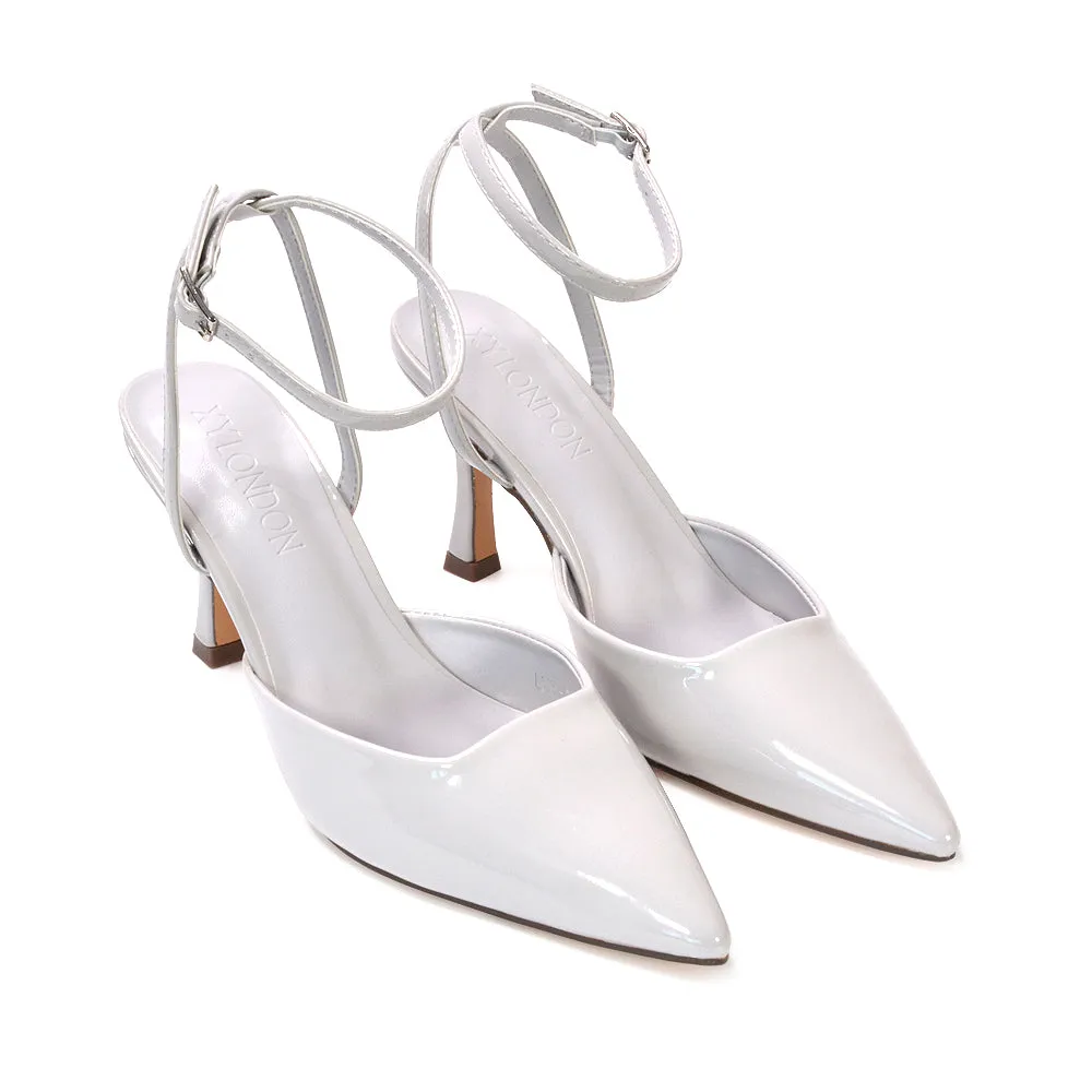 Tori  Point Toe High Heel Stiletto Court Shoes With Ankle Strap in Light Grey Patent