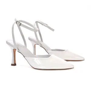 Tori  Point Toe High Heel Stiletto Court Shoes With Ankle Strap in Light Grey Patent
