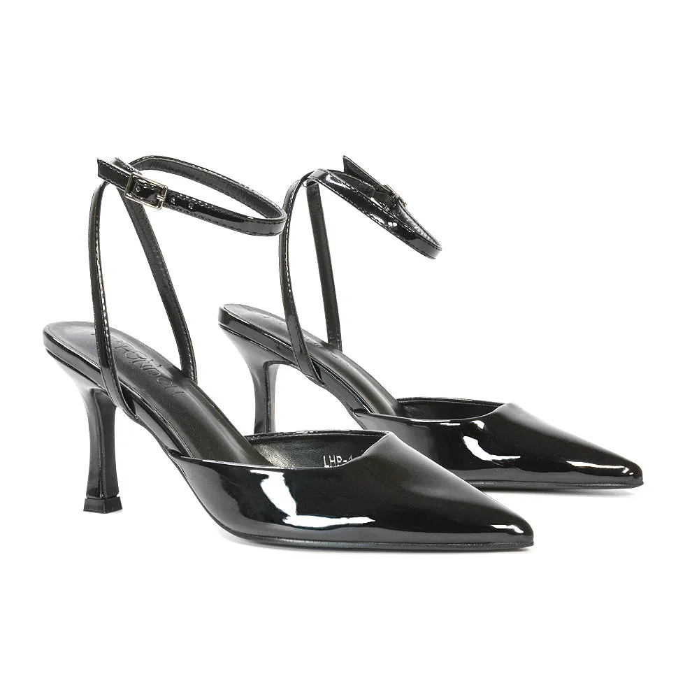 Tori  Point Toe High Heel Stiletto Court Shoes With Ankle Strap in Light Grey Patent