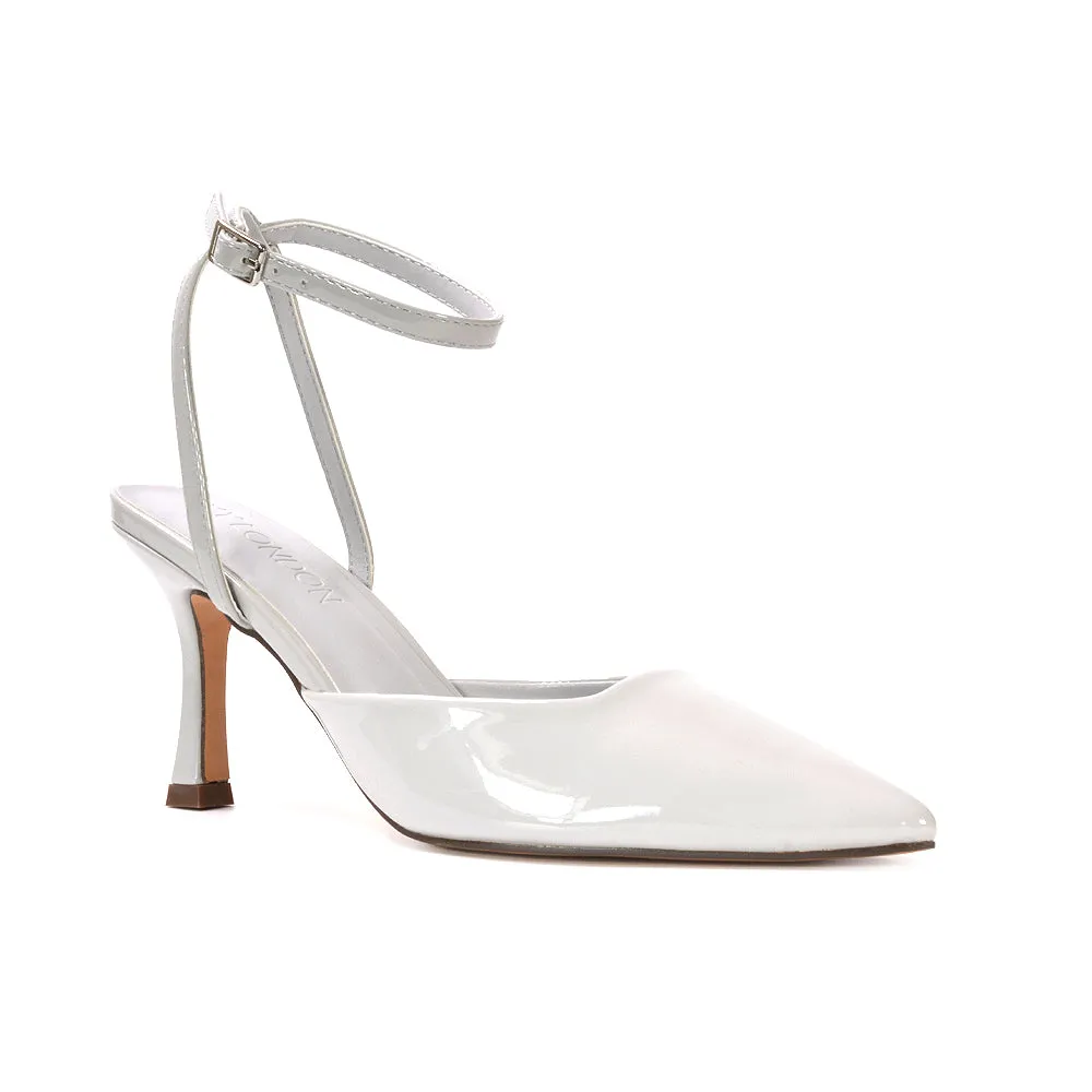 Tori  Point Toe High Heel Stiletto Court Shoes With Ankle Strap in Light Grey Patent