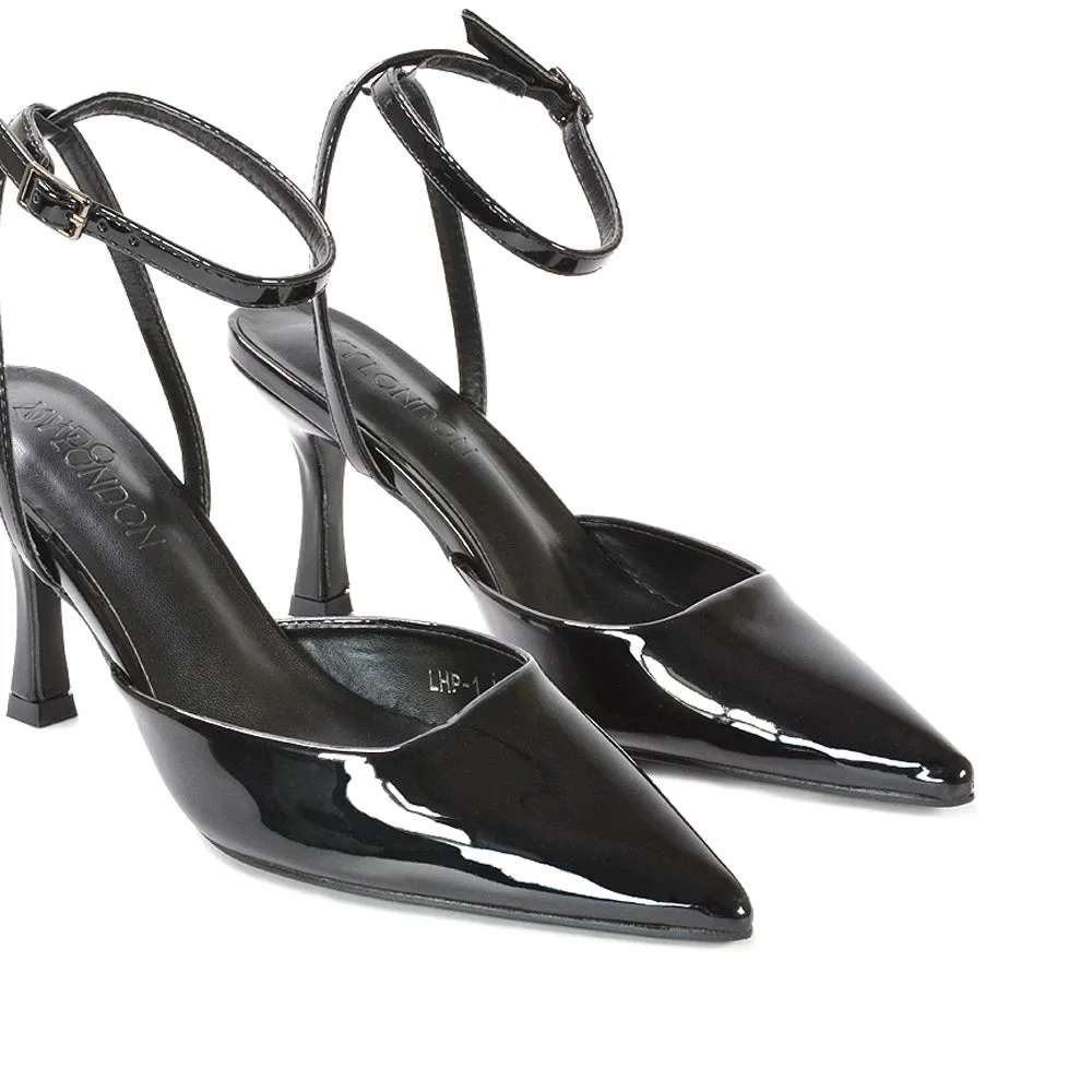 Tori  Point Toe High Heel Stiletto Court Shoes With Ankle Strap in Light Grey Patent