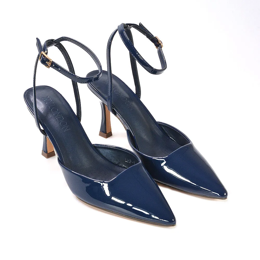 Tori  Point Toe High Heel Stiletto Court Shoes With Ankle Strap in Light Grey Patent