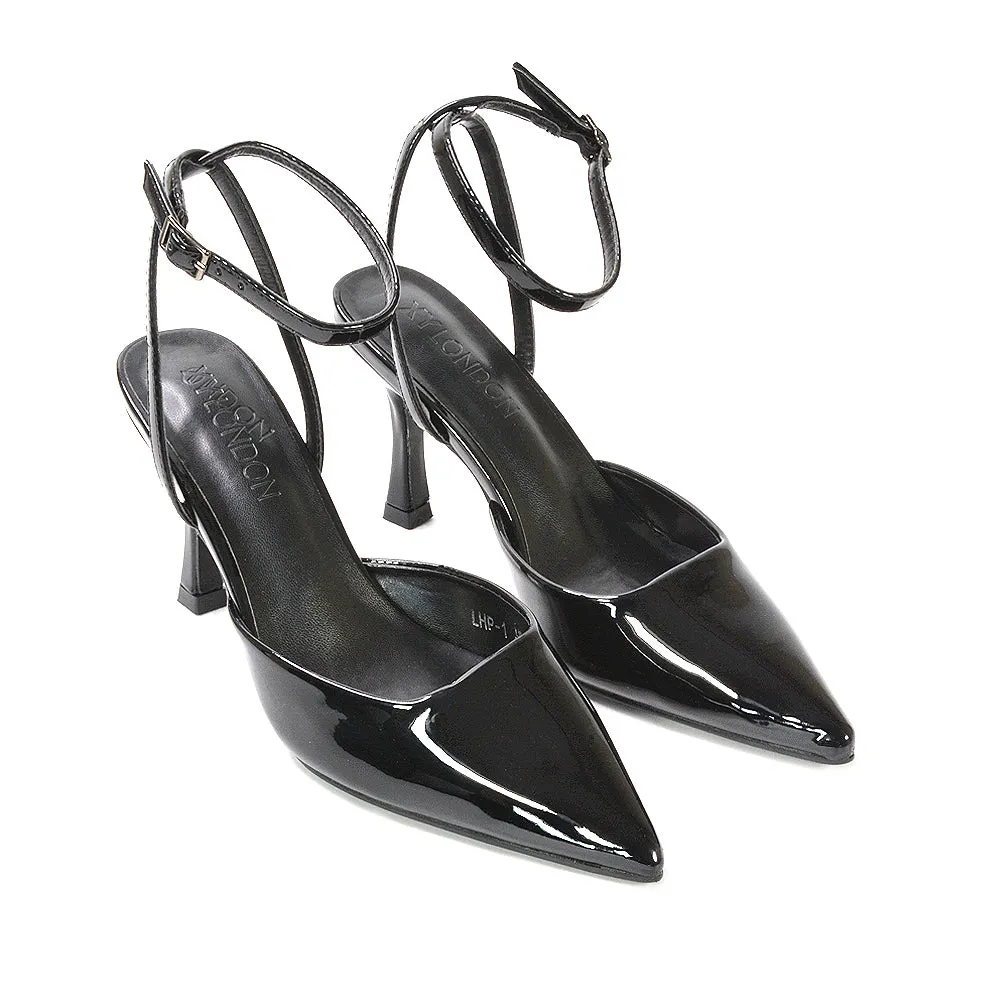 Tori  Point Toe High Heel Stiletto Court Shoes With Ankle Strap in Light Grey Patent
