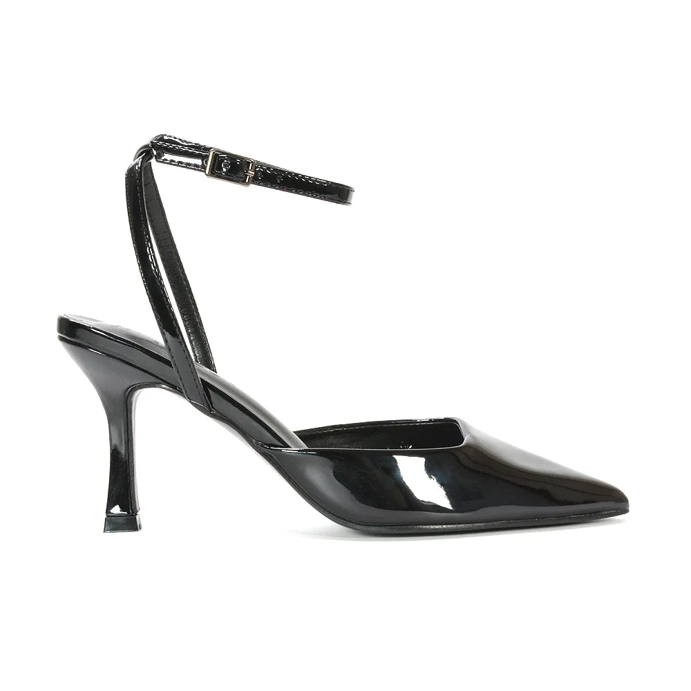 Tori  Point Toe High Heel Stiletto Court Shoes With Ankle Strap in Light Grey Patent