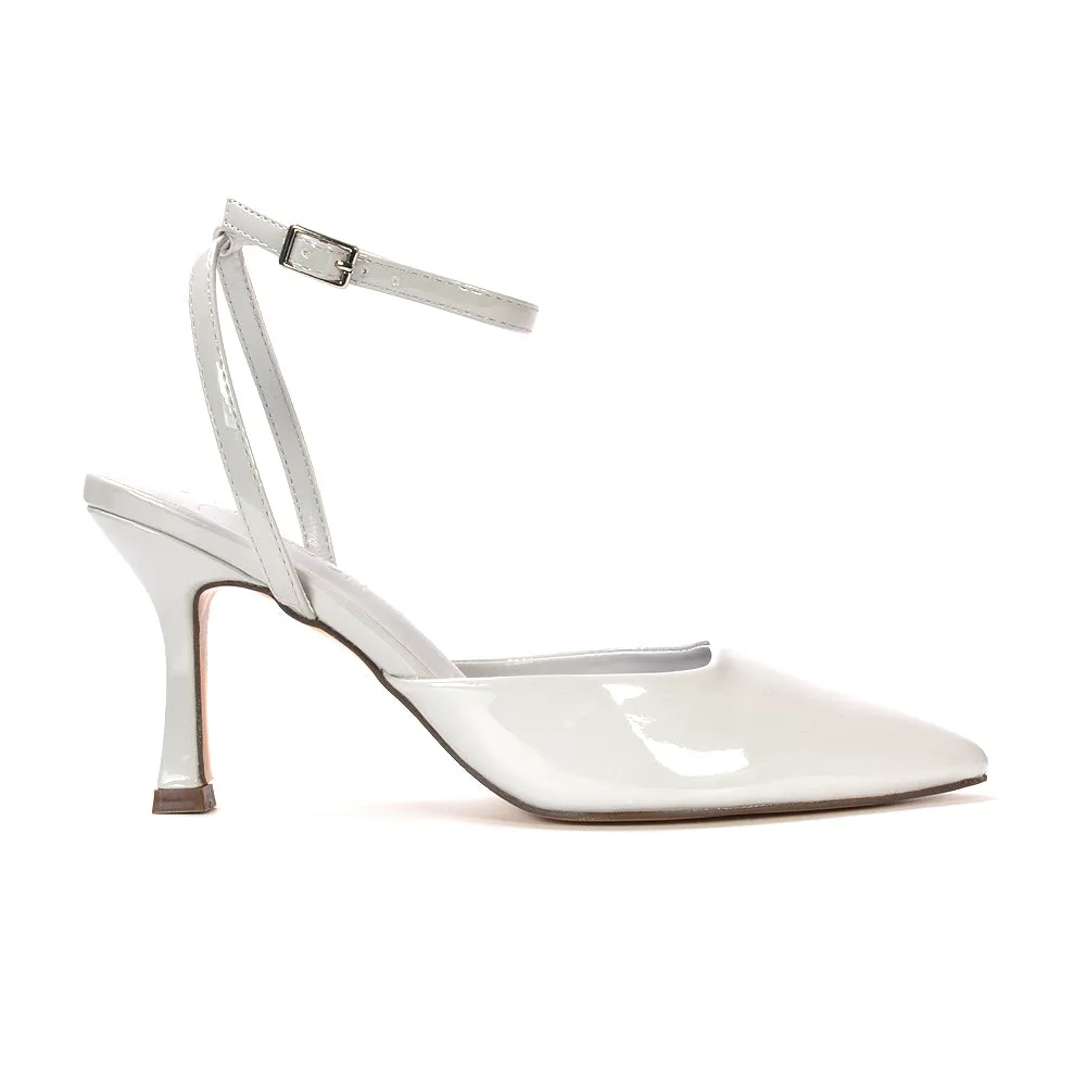 Tori  Point Toe High Heel Stiletto Court Shoes With Ankle Strap in Light Grey Patent