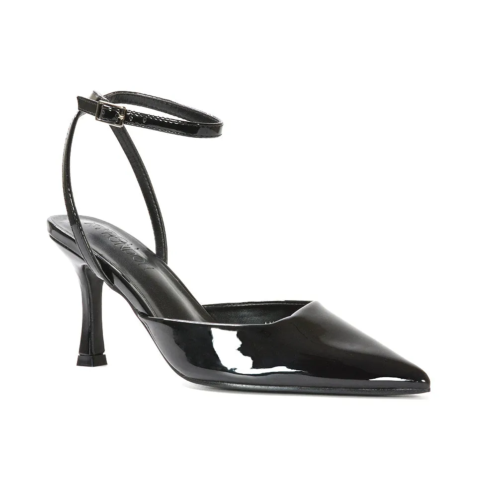Tori  Point Toe High Heel Stiletto Court Shoes With Ankle Strap in Light Grey Patent