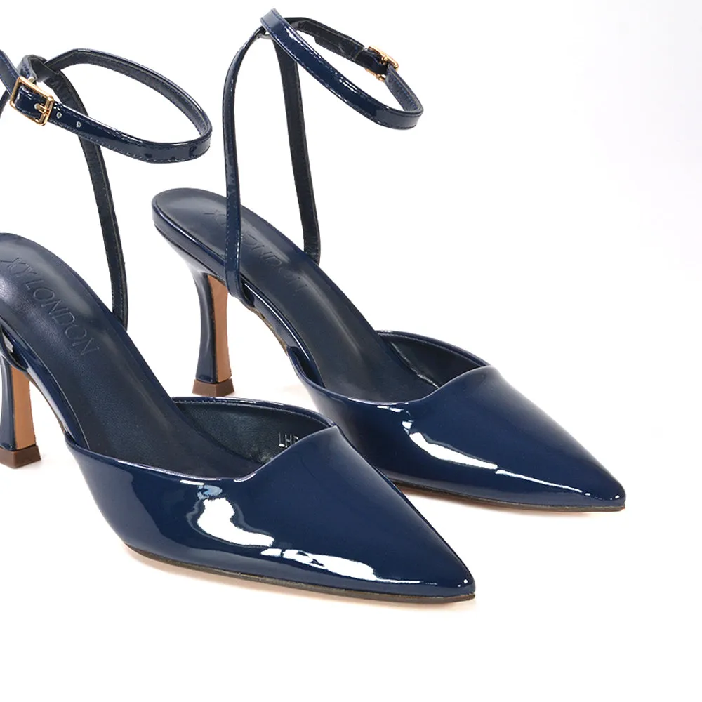Tori  Point Toe High Heel Stiletto Court Shoes With Ankle Strap in Nude Patent