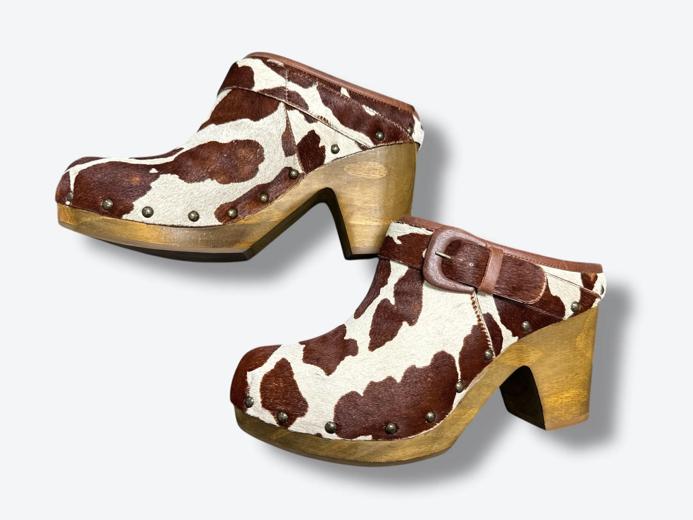 Trend: “Matisse” Brown   White Cow Hide Clogs