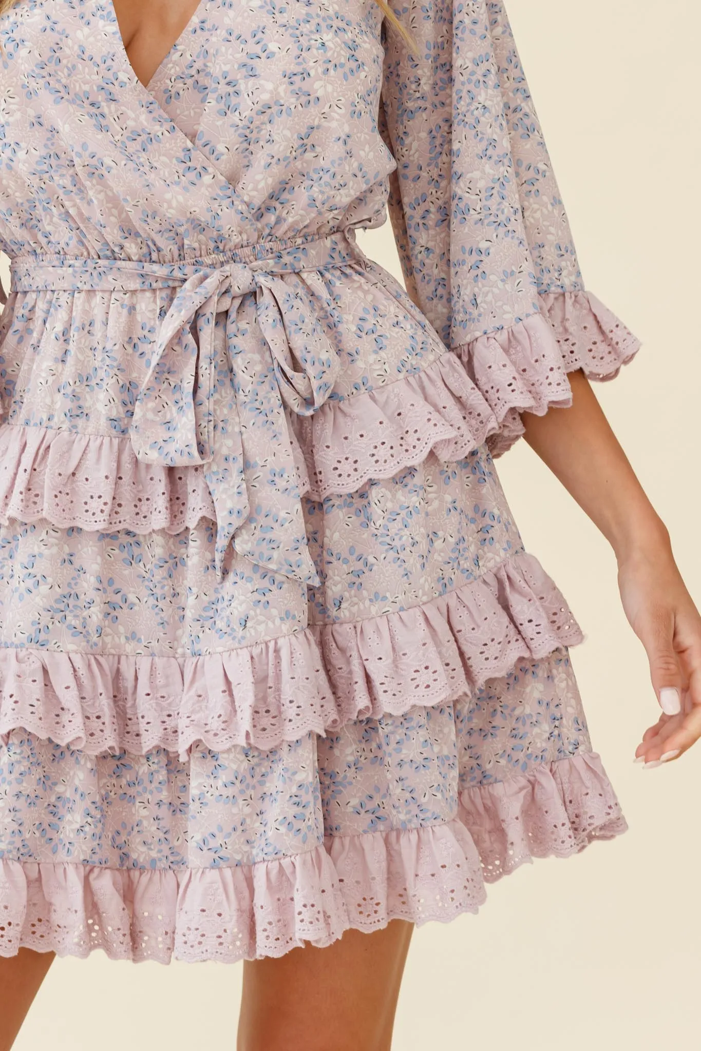 Tulsa 3/4 Sleeve Waist Tie Frill Dress Floral Print Pink