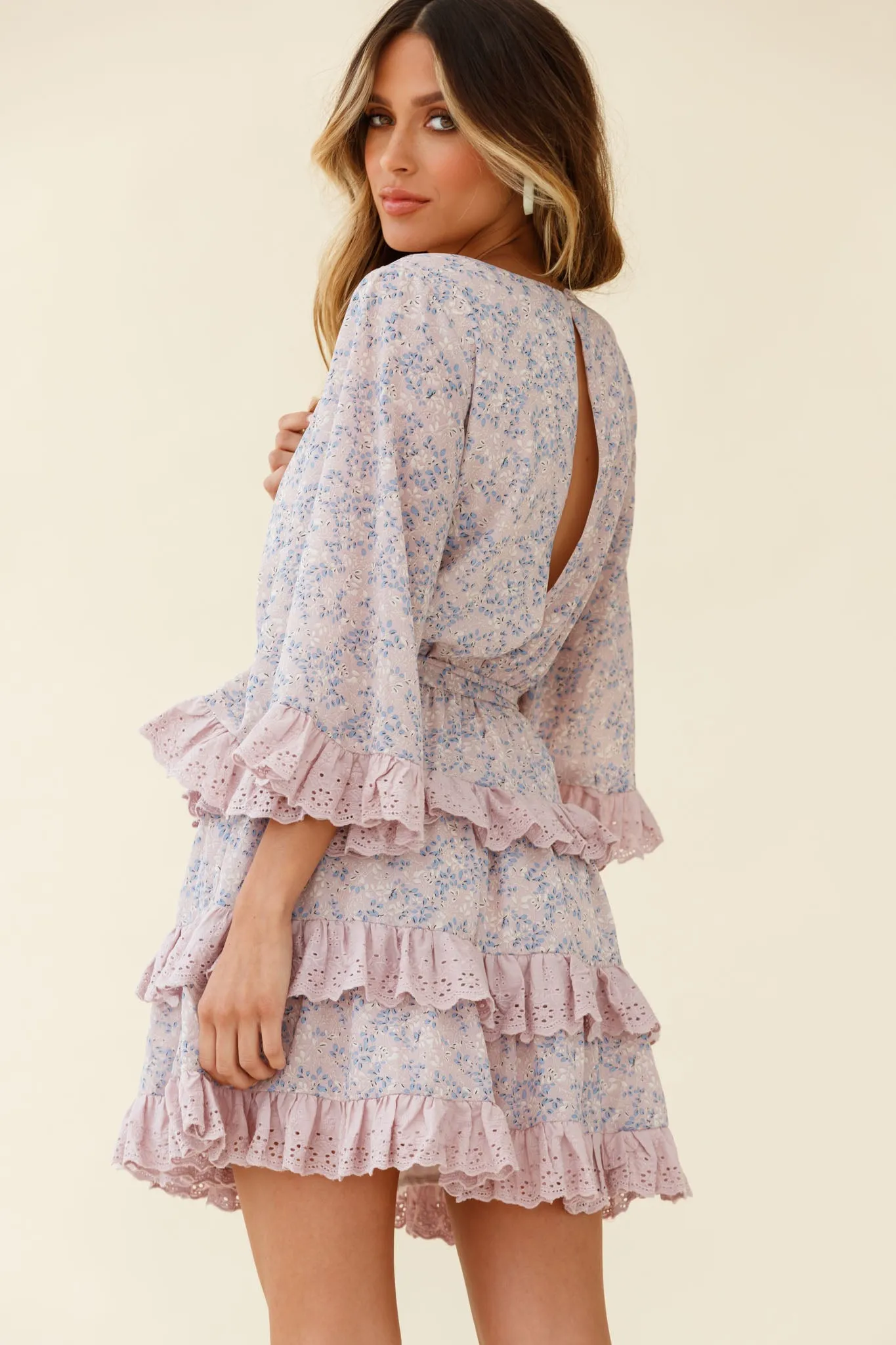 Tulsa 3/4 Sleeve Waist Tie Frill Dress Floral Print Pink