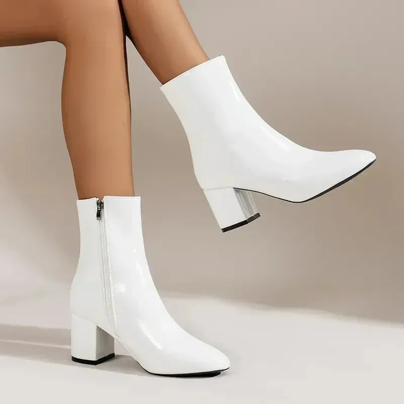 White Ankle Boots for Women  Side Zipper Stretch Middle Heel Large Size Short Boot Fashion Pointed Shoes