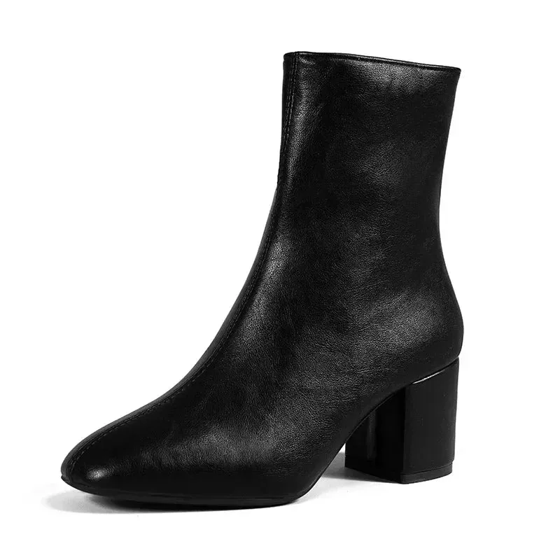 White Ankle Boots for Women  Side Zipper Stretch Middle Heel Large Size Short Boot Fashion Pointed Shoes