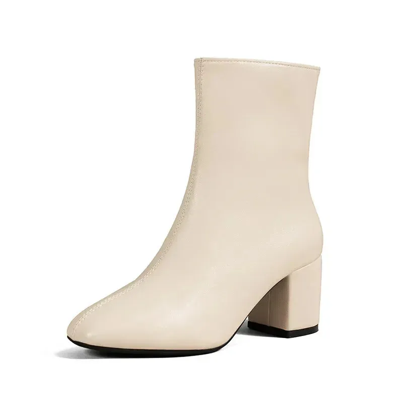White Ankle Boots for Women  Side Zipper Stretch Middle Heel Large Size Short Boot Fashion Pointed Shoes