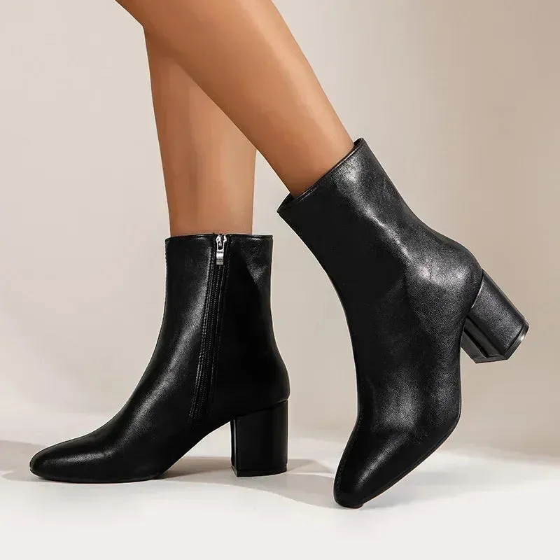 White Ankle Boots for Women  Side Zipper Stretch Middle Heel Large Size Short Boot Fashion Pointed Shoes