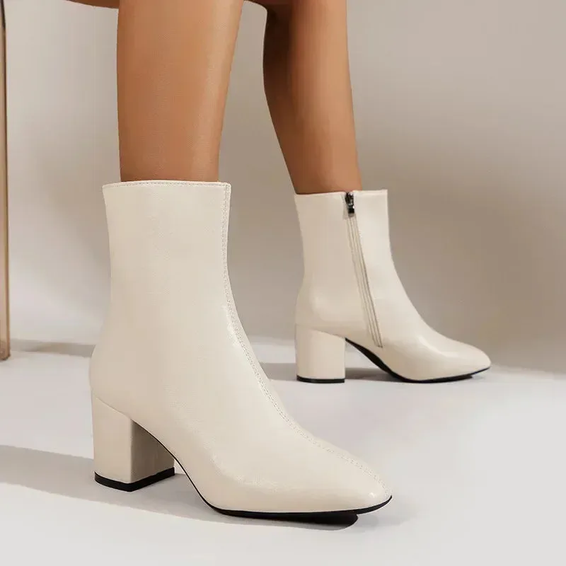 White Ankle Boots for Women  Side Zipper Stretch Middle Heel Large Size Short Boot Fashion Pointed Shoes