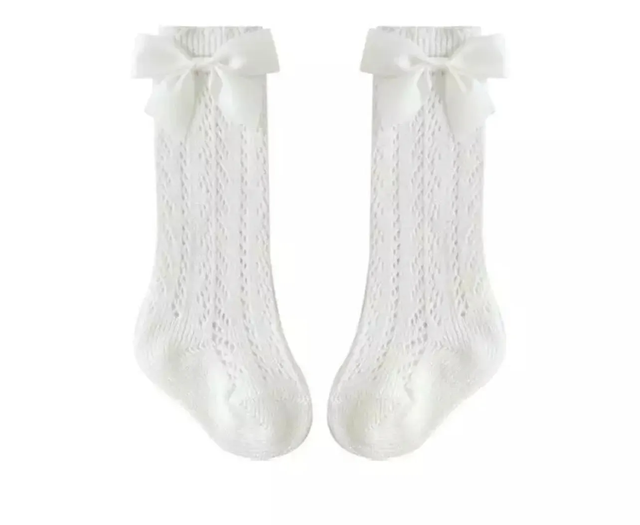 White knee high pellerine cotton socks with satin bow (up to 24 months)