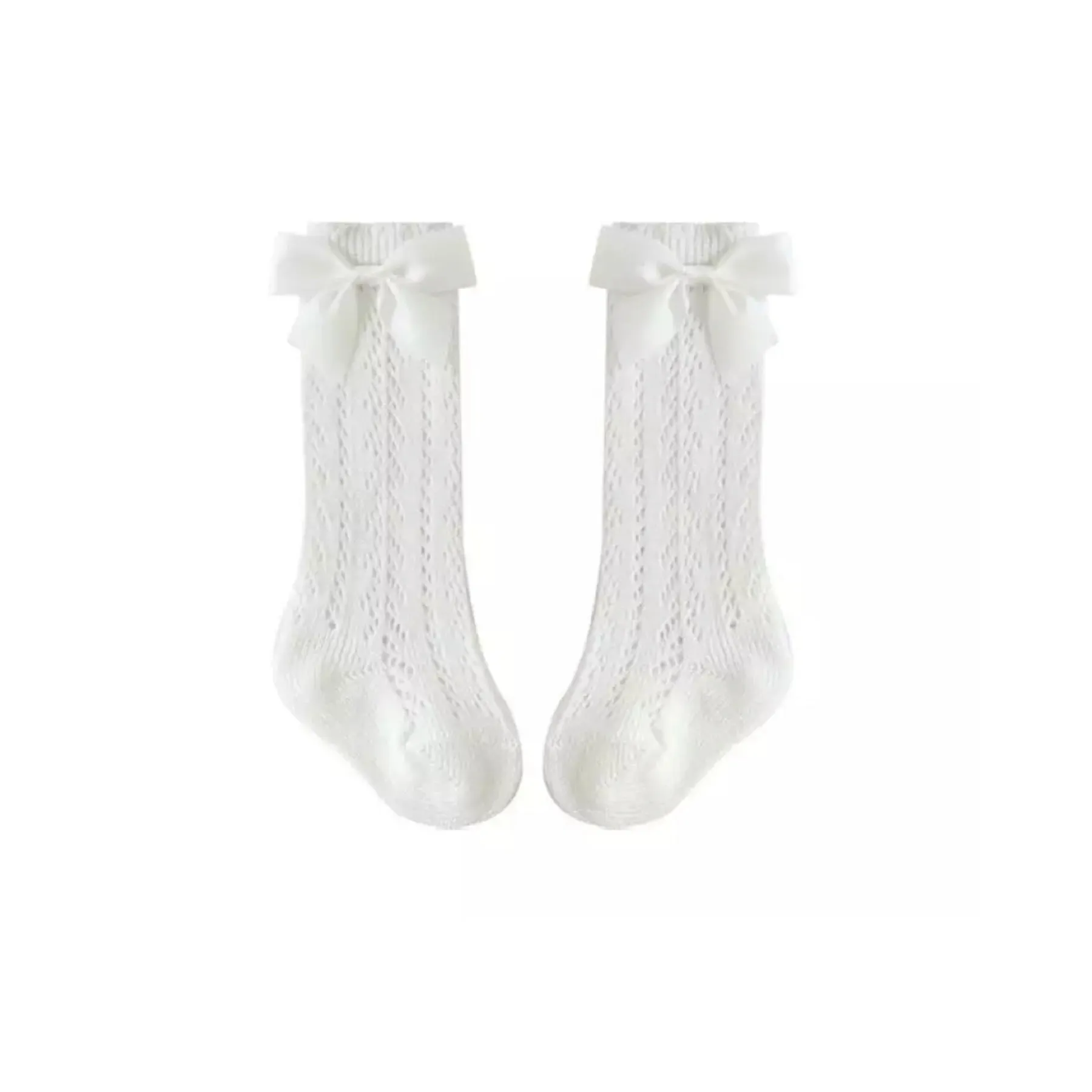 White knee high pellerine cotton socks with satin bow (up to 24 months)