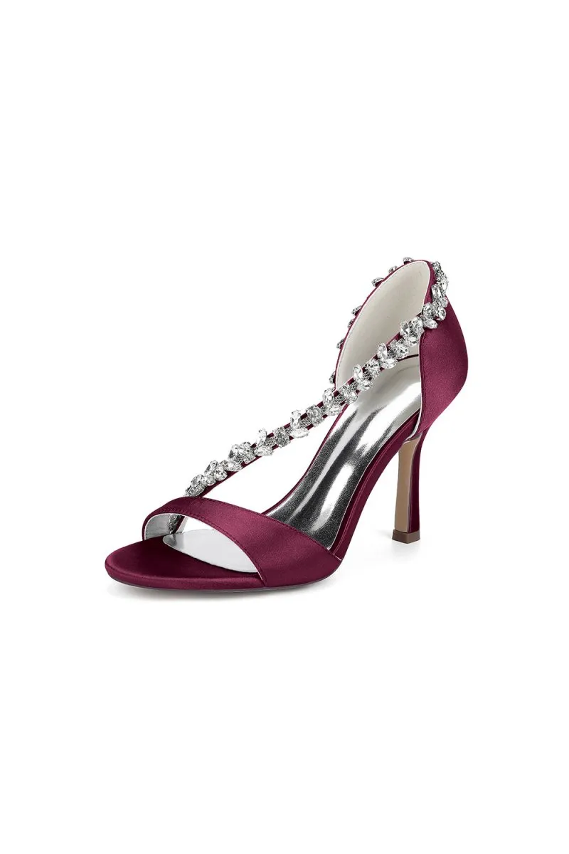 White Satin High Heels with Crystal and Chain Embellishments