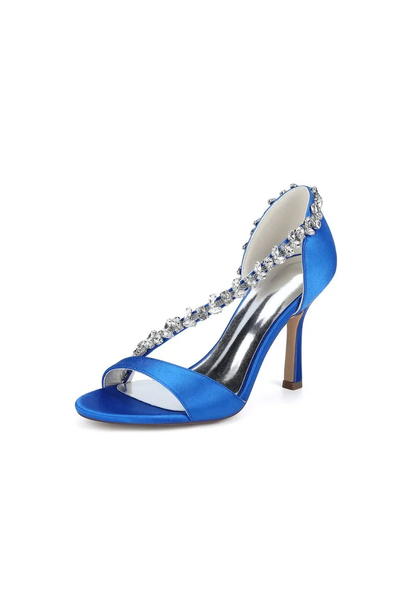 White Satin High Heels with Crystal and Chain Embellishments