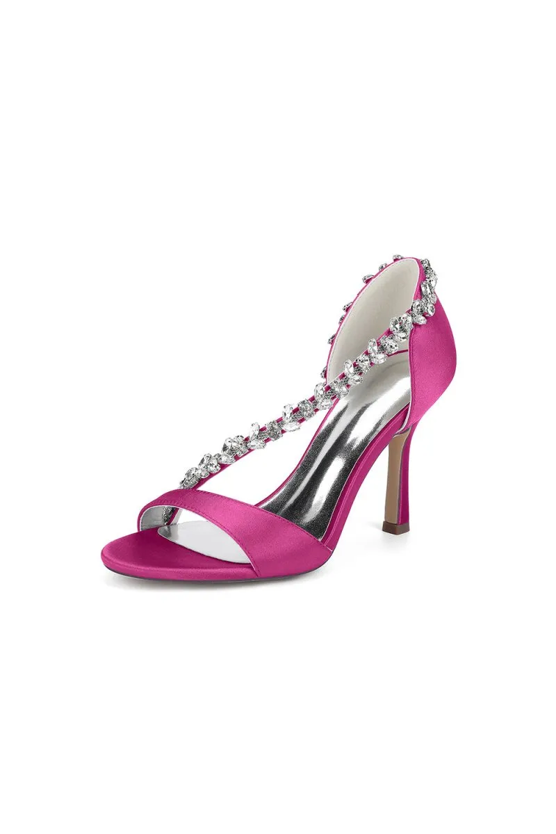 White Satin High Heels with Crystal and Chain Embellishments