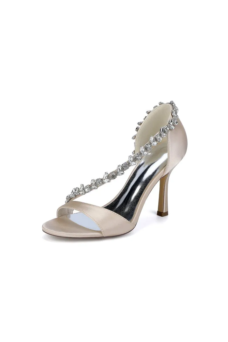 White Satin High Heels with Crystal and Chain Embellishments