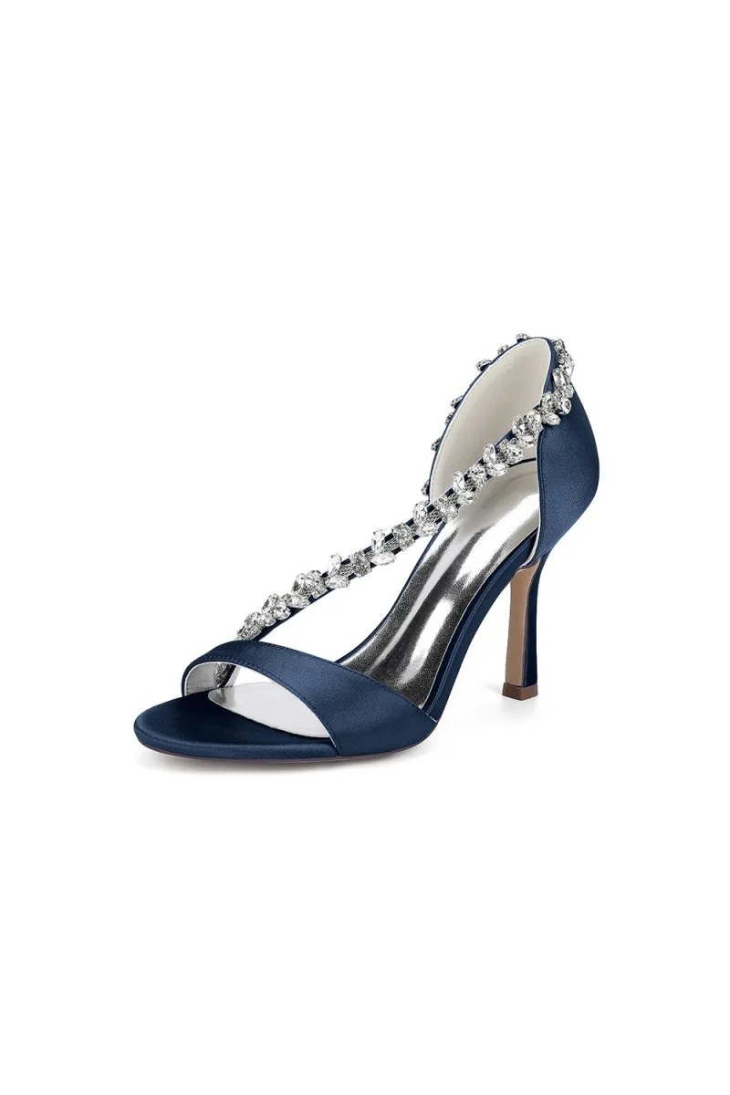 White Satin High Heels with Crystal and Chain Embellishments