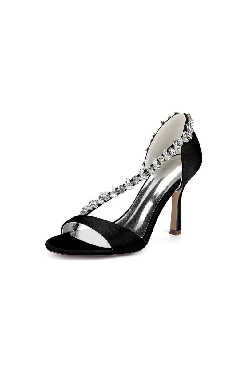 White Satin High Heels with Crystal and Chain Embellishments