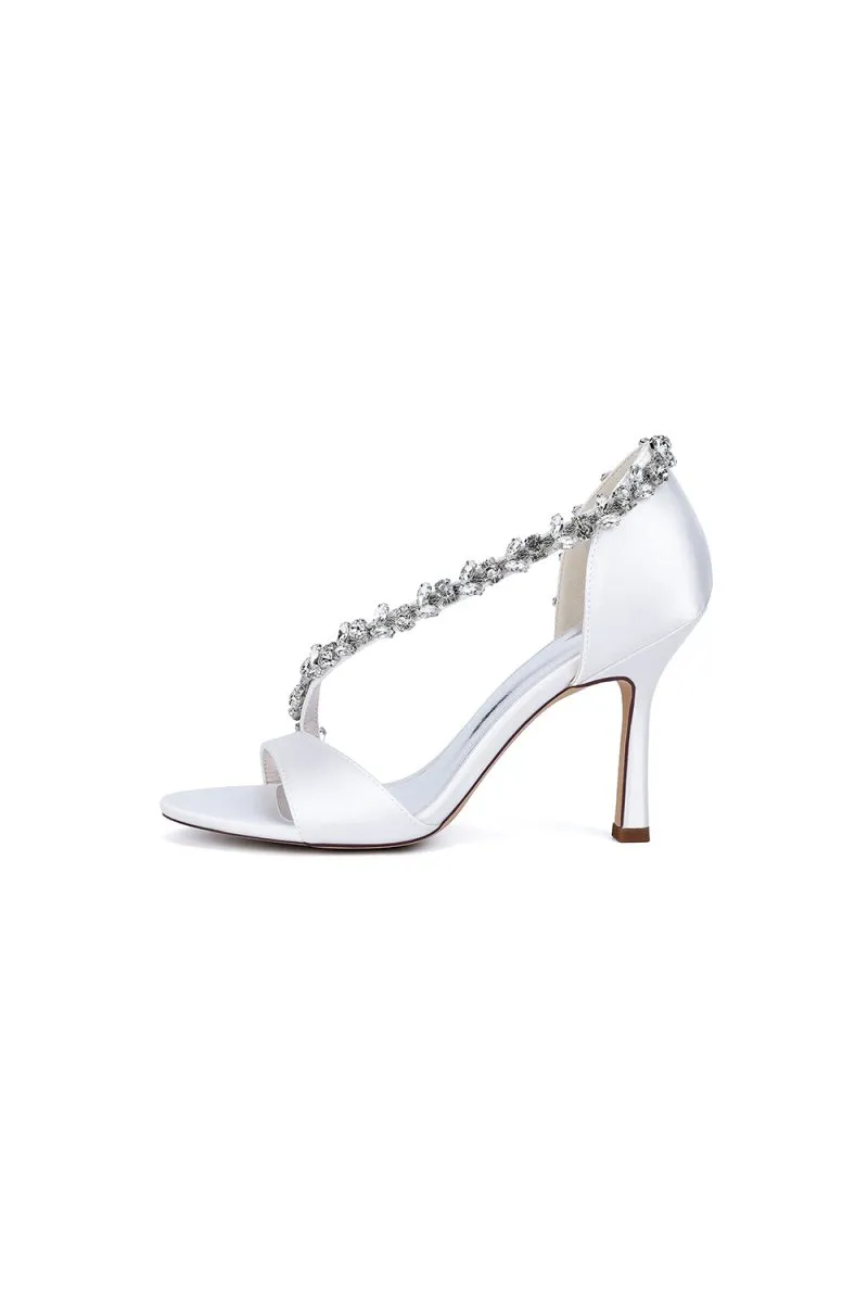 White Satin High Heels with Crystal and Chain Embellishments