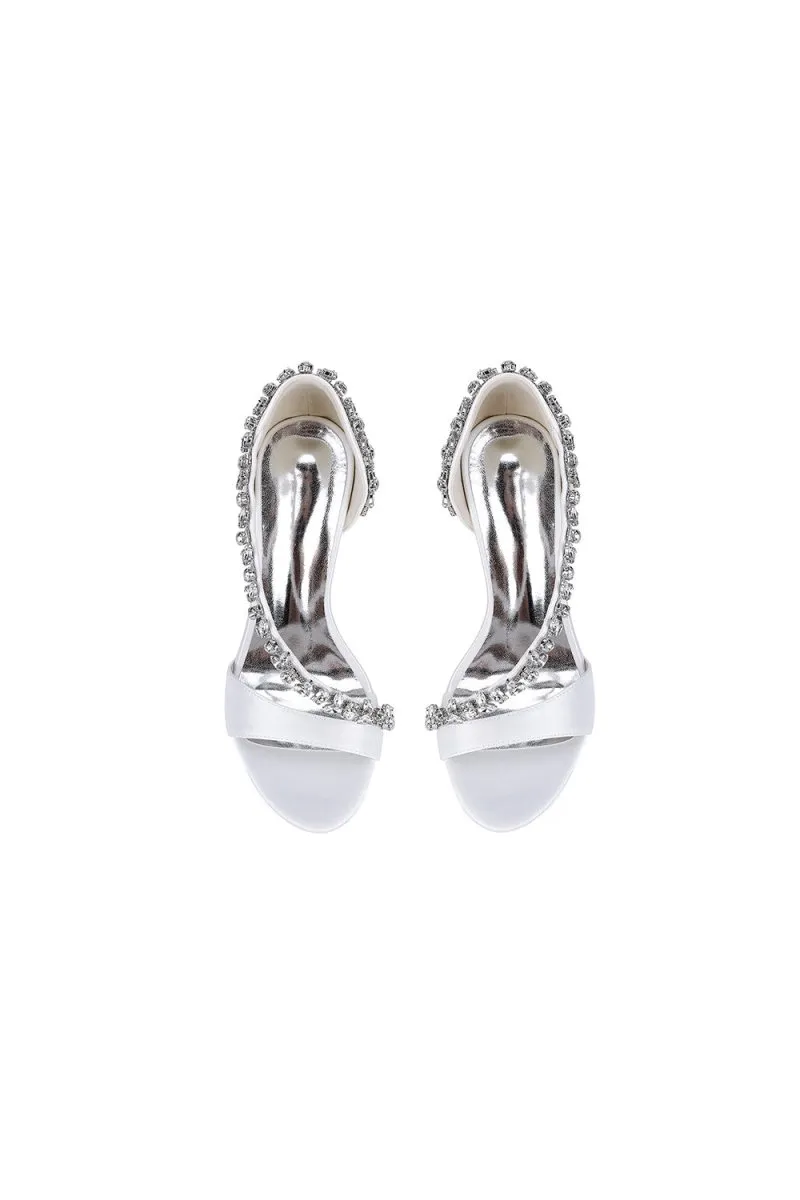 White Satin High Heels with Crystal and Chain Embellishments