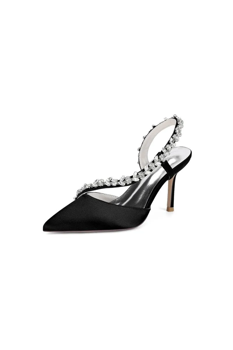 White Satin High Heels with Crystal Embellishments