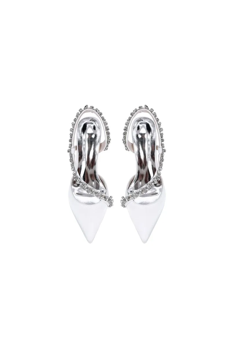 White Satin High Heels with Crystal Embellishments