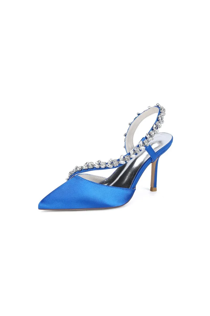 White Satin High Heels with Crystal Embellishments