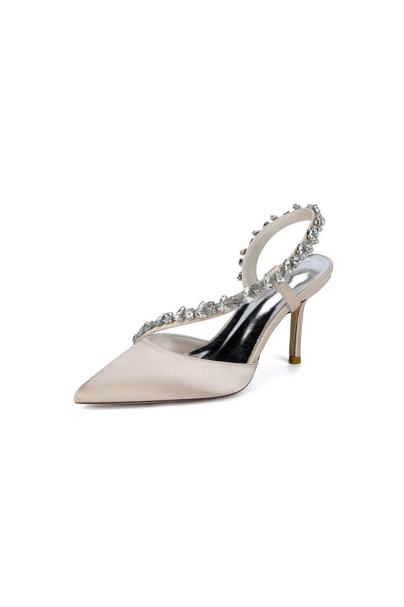 White Satin High Heels with Crystal Embellishments