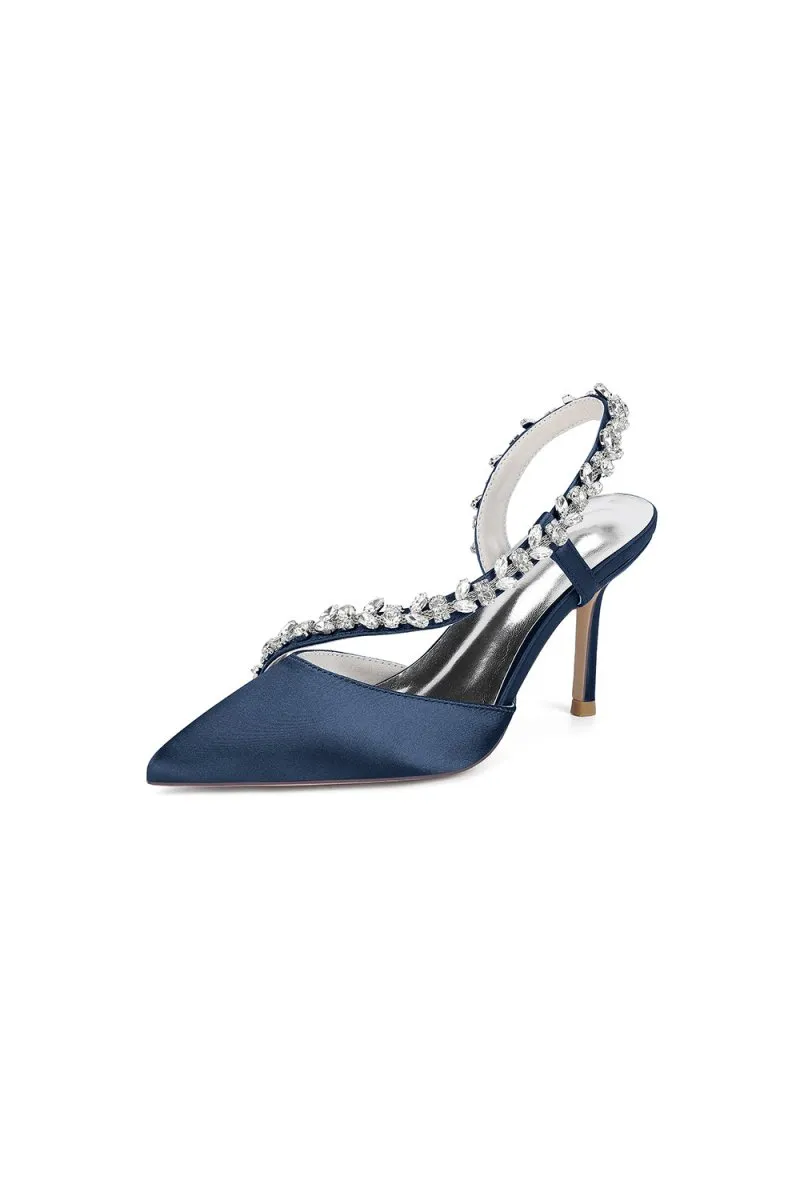 White Satin High Heels with Crystal Embellishments