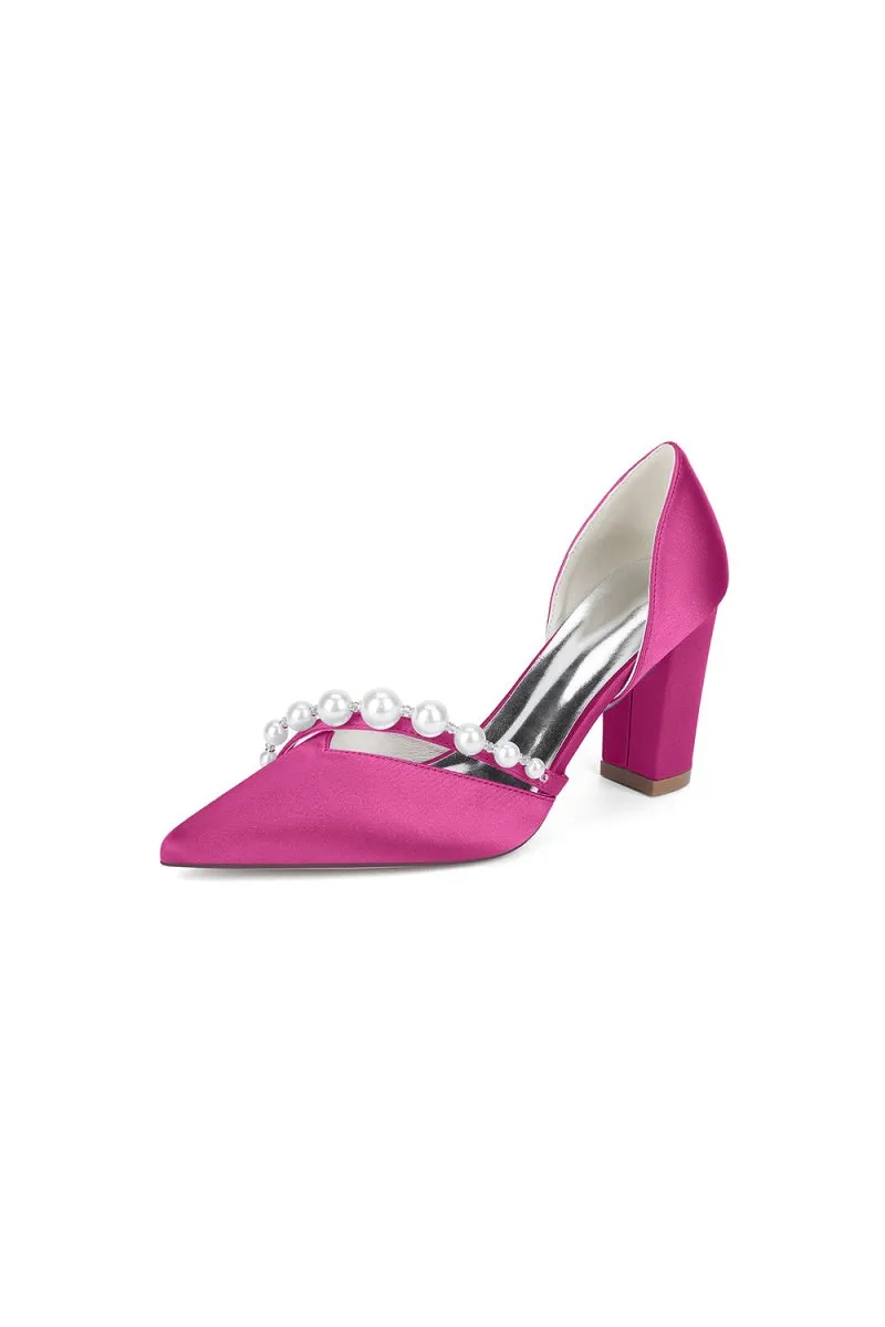 White Satin High Heels with Pearl Embellishments