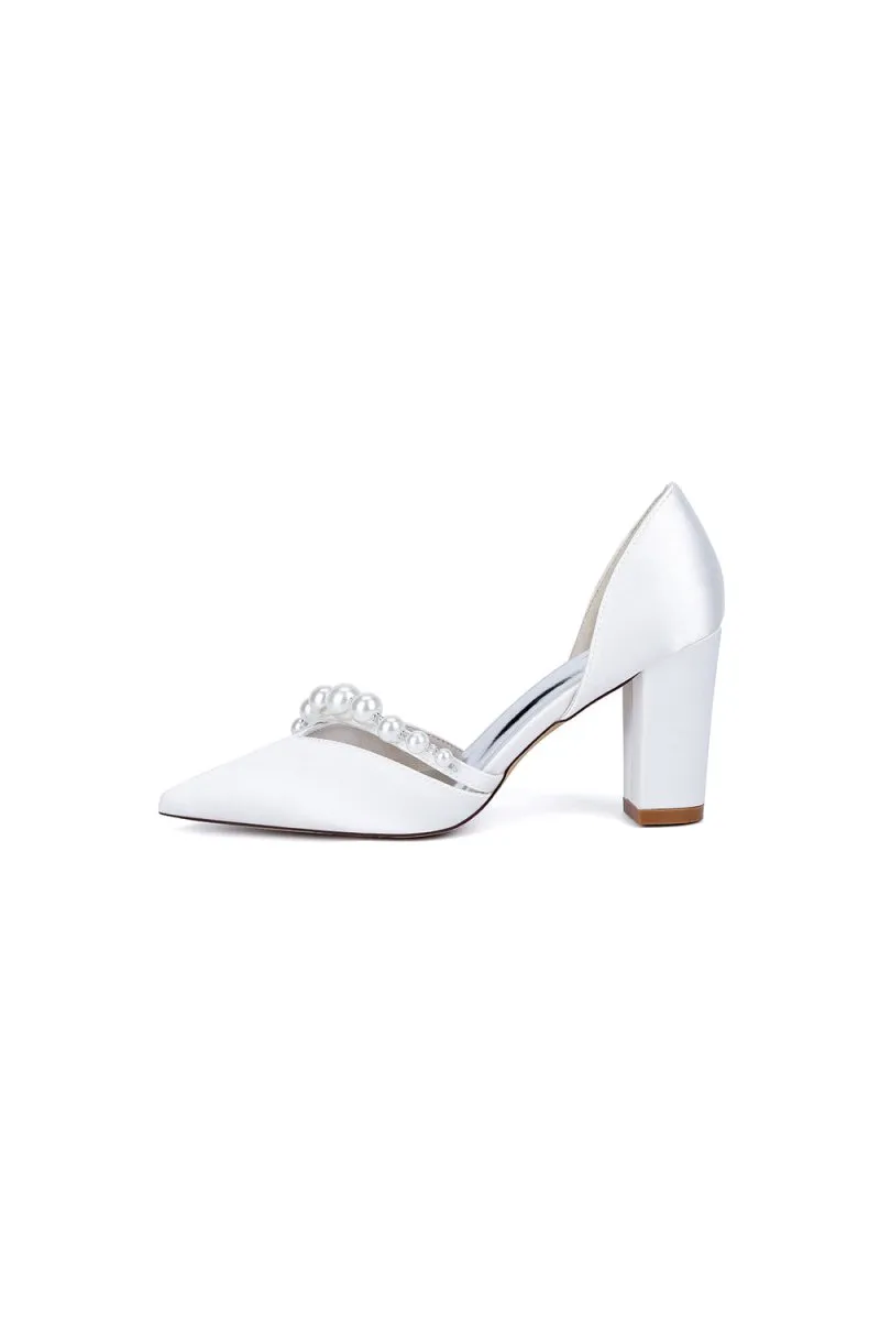 White Satin High Heels with Pearl Embellishments