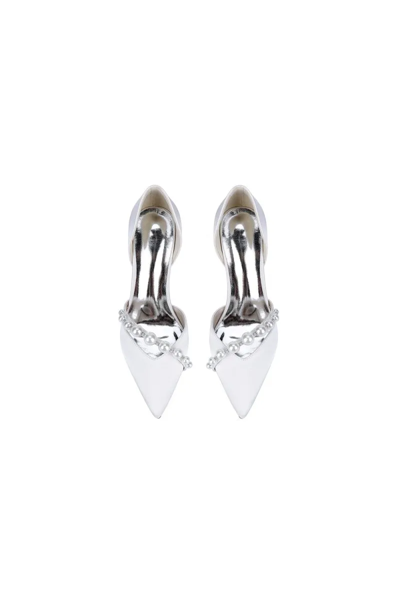 White Satin High Heels with Pearl Embellishments