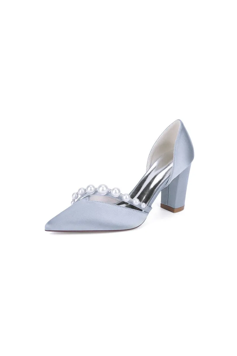 White Satin High Heels with Pearl Embellishments