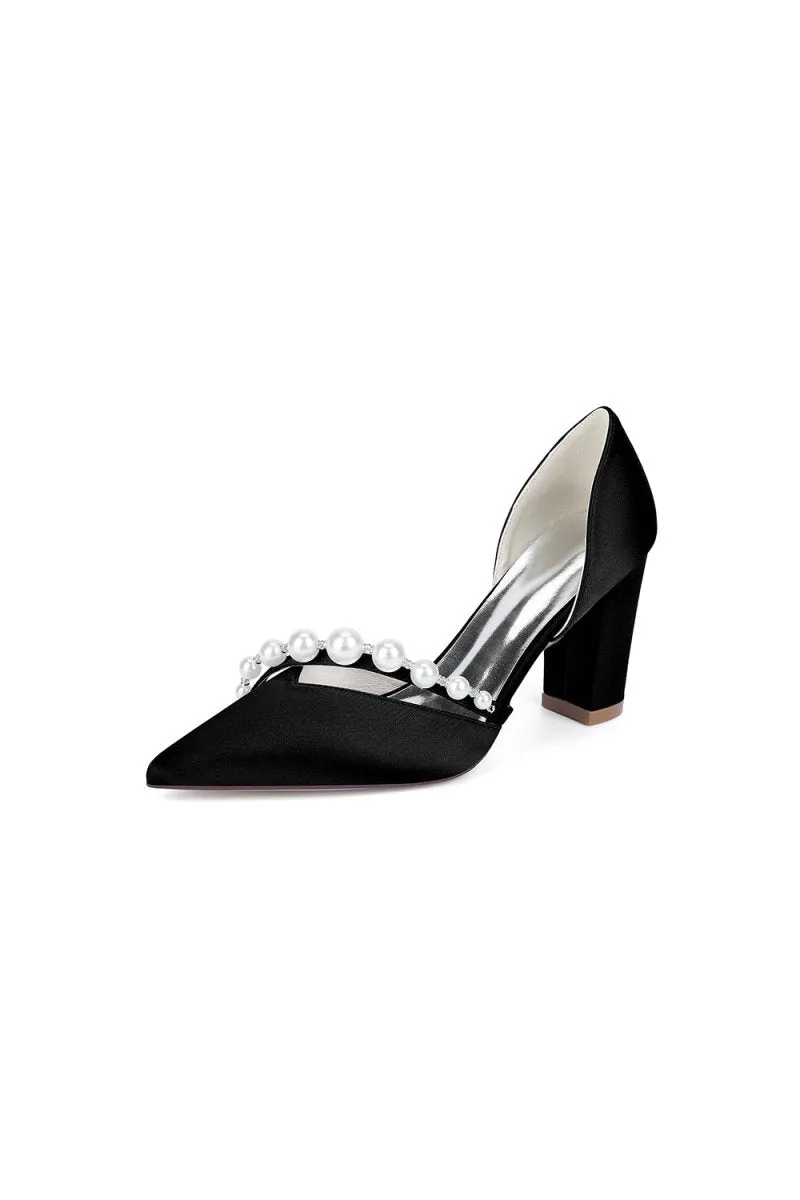 White Satin High Heels with Pearl Embellishments