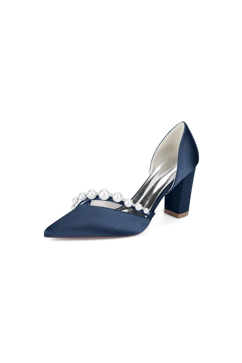 White Satin High Heels with Pearl Embellishments
