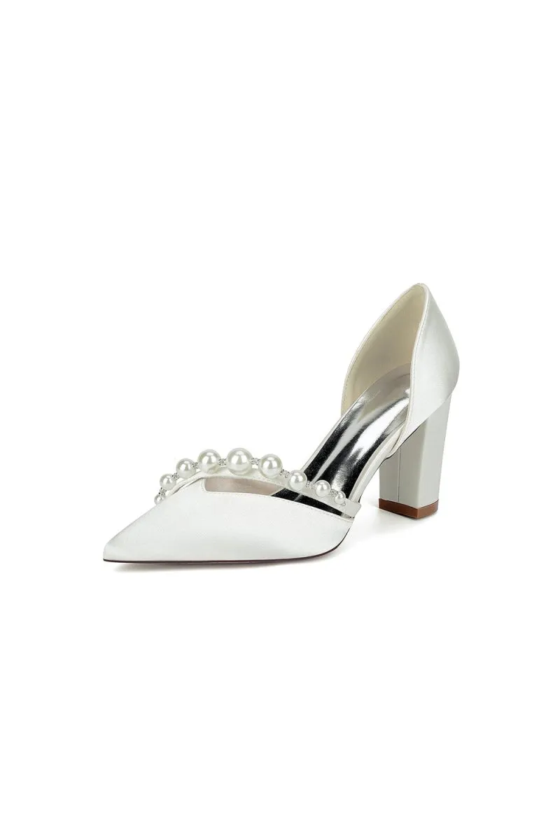 White Satin High Heels with Pearl Embellishments