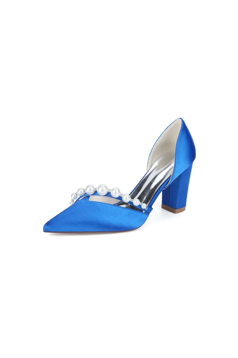 White Satin High Heels with Pearl Embellishments