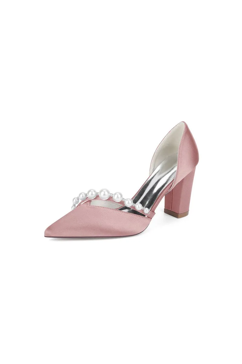 White Satin High Heels with Pearl Embellishments