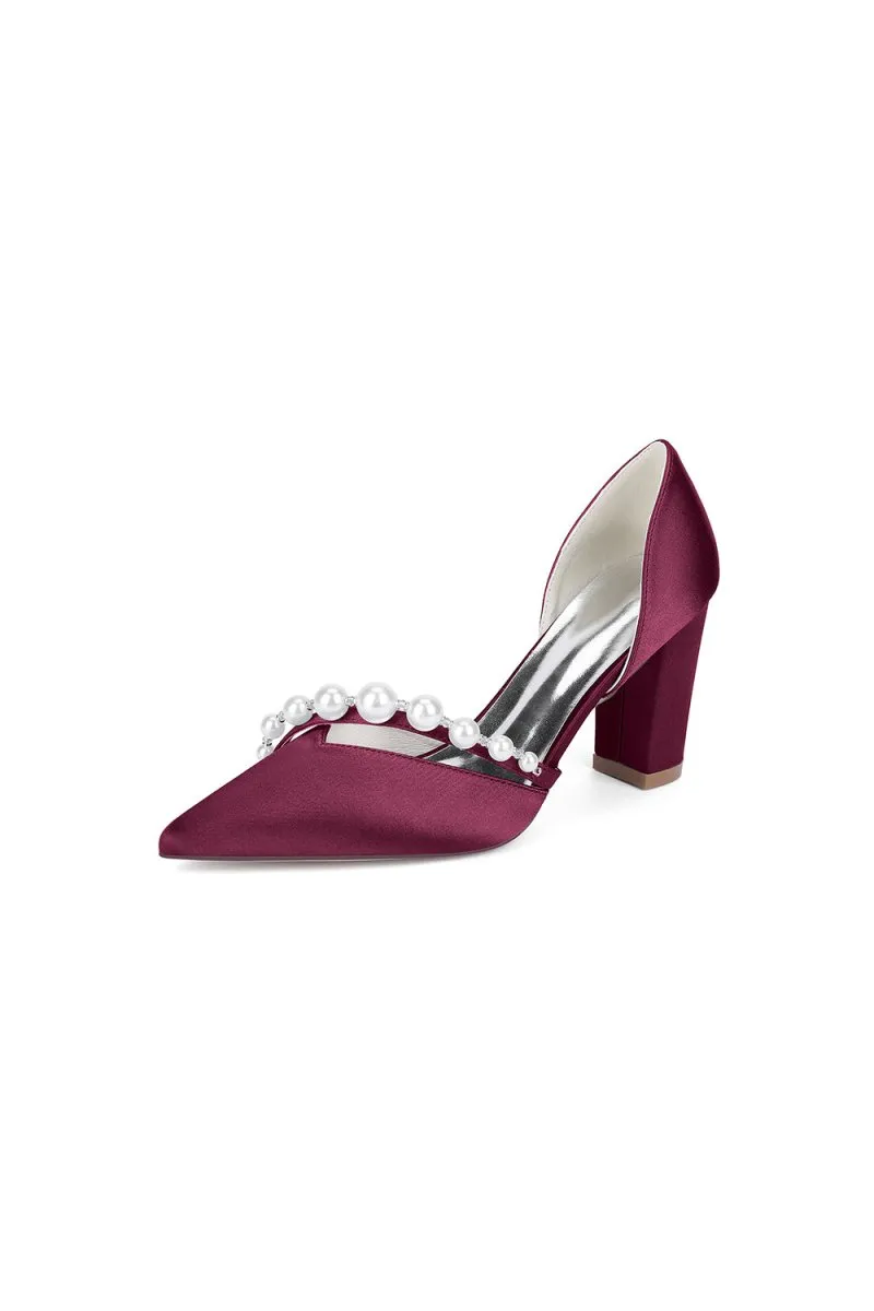 White Satin High Heels with Pearl Embellishments